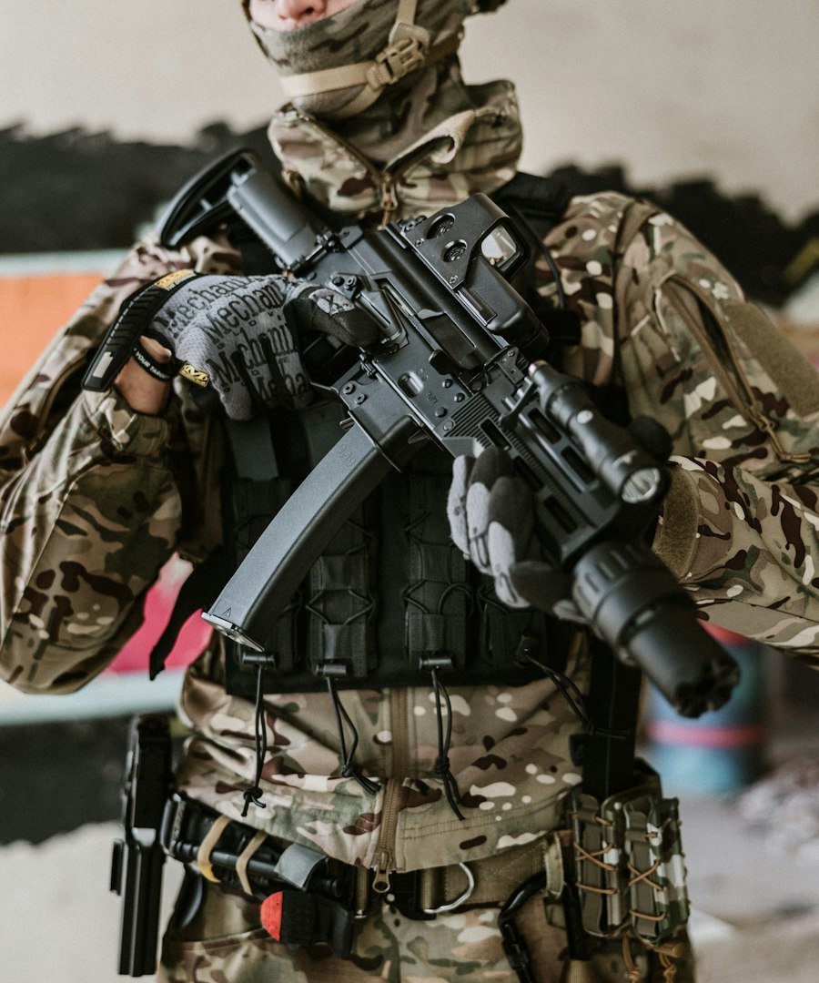 a man in camouflage holding a machine gun